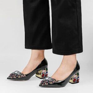 YDN Women Pointed Toe Bow Pump Colorful Rhinestone Block Low Heel Butterfly Slip